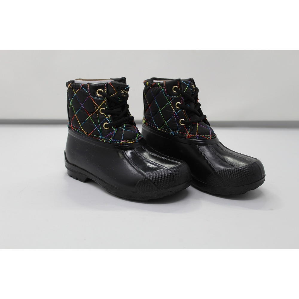 Sperry Port Rainbow Rain Duck Boots 10M Lace Up Quilted Black SCK166394